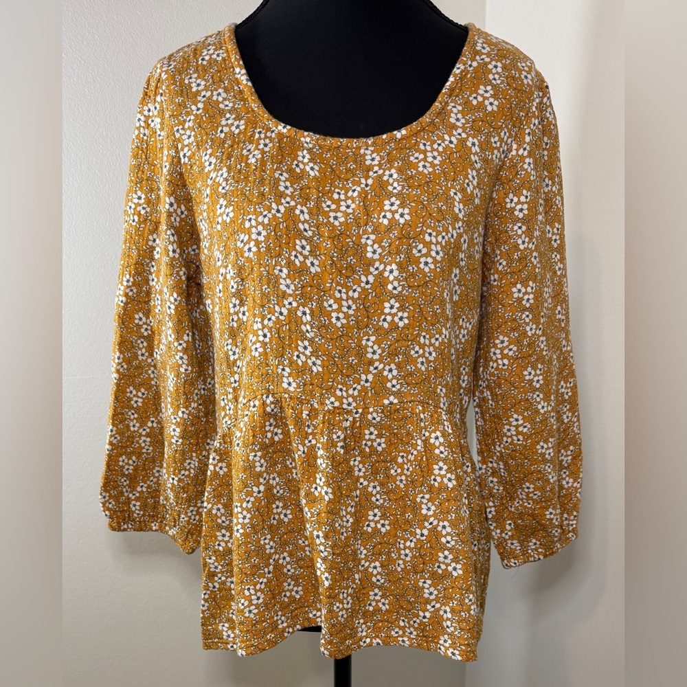 Matilda Jane Mustard Yellow Floral Peplum Top 3/4 Sleeve Button Back Cotton S